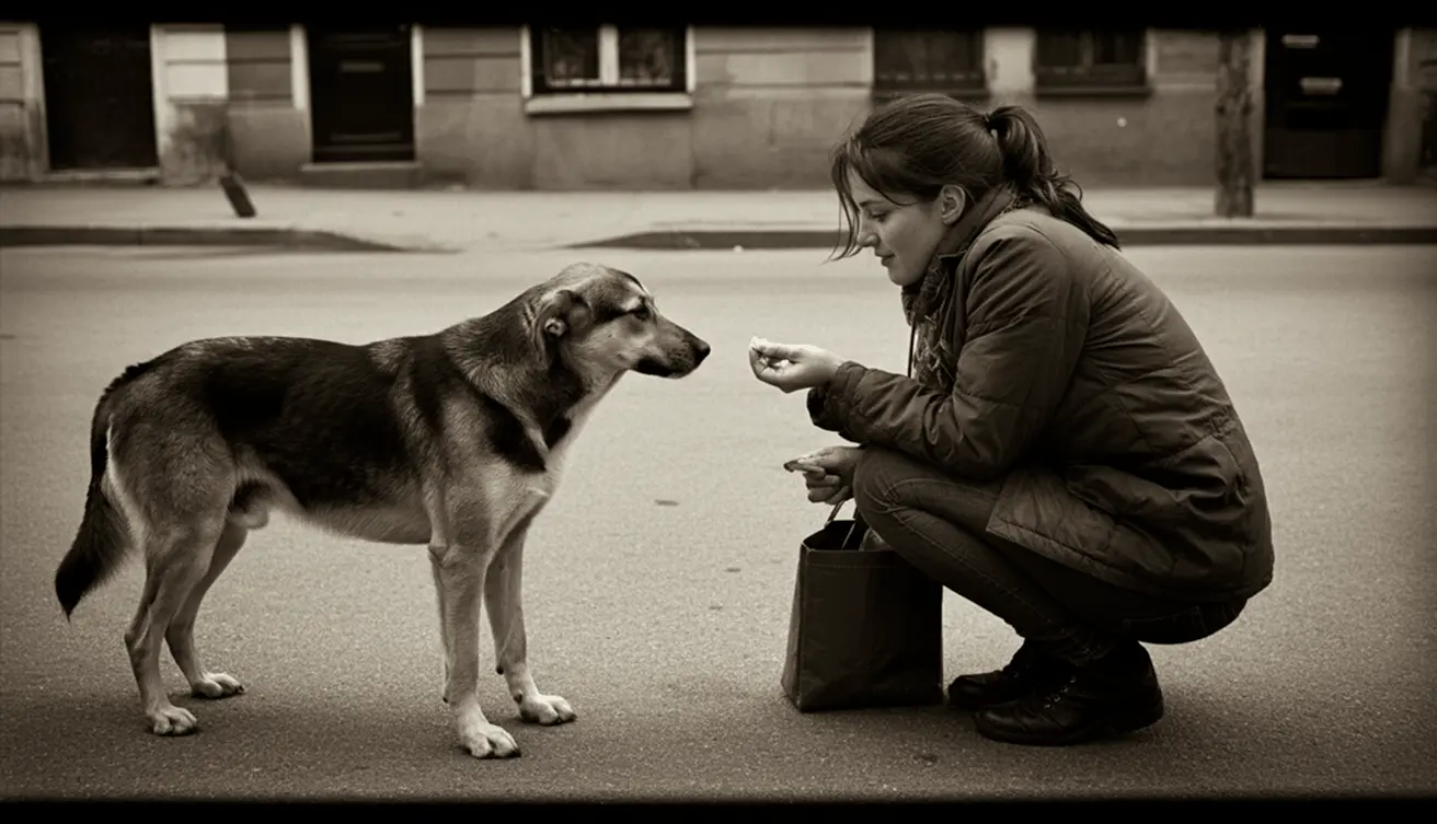 Жінка годує собаку