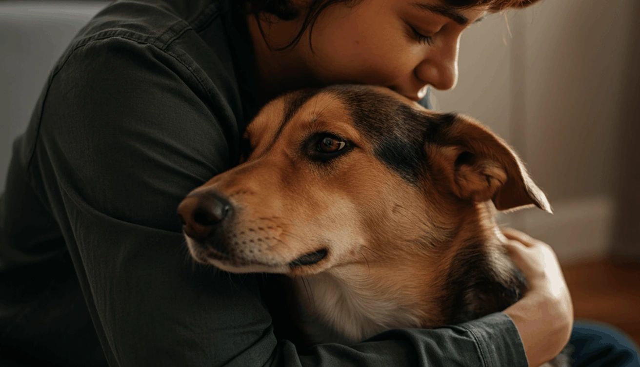 Людина обіймає собаку